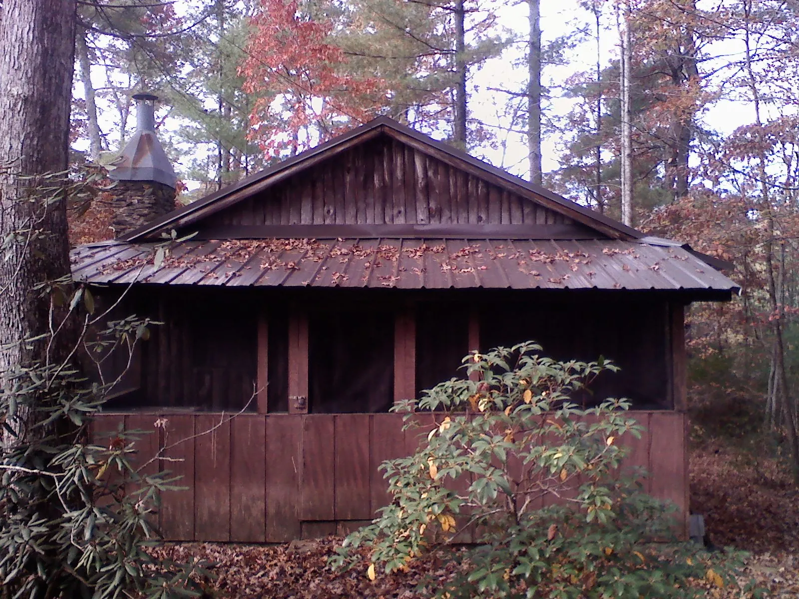 Metal roof over the screened porch of a rustic cabin in Naches