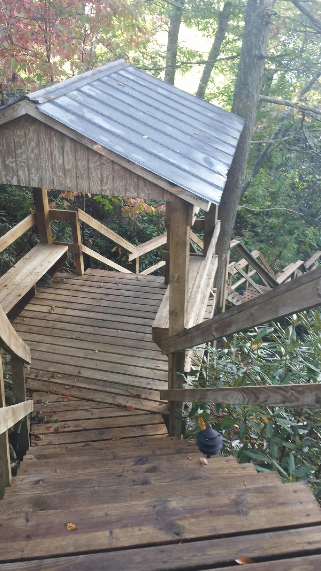 Metal roofed shelter over wooden steps on a wooded walkway — Skylight Repair & Installation work by our crew in Naches